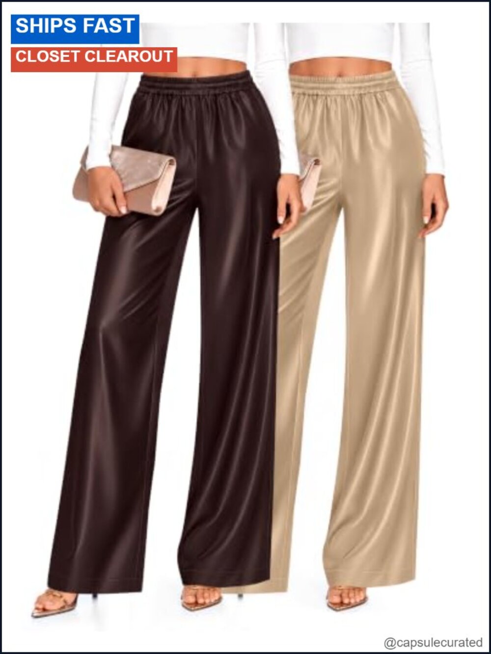 Satin Wide Leg Pants High Waist Elastic Pull On Flowy Dressy 2 Pack